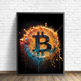Watercolor Crypto Splatter Bitcoin Ethereum Poster ETH BTC Crypto Virtual Coins Canvas Painting Wall Art For Office Room Decor