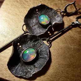 Vintage Fire Opal Stone Drop Dangle Earrings Asymmetry Long Rod Antique Metal Round Leaf Women Earrings 2023 New Jewellery