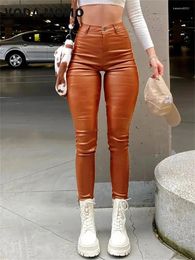 Women's Jeans Autumn Fashion Street High Waist Stretchy Slim PU Leather Pencil Pants Solid Button Faux Trousers
