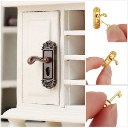 1/12 Dollhouse Lock Key Set Miniature Door Handles Mini Furniture Pull Keyhole Plate Brass Knobs Doll House DIY Accessories Gift