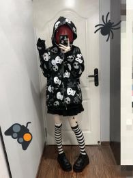 2023 Harajuku Y2k Aesthetic Black Hoodies Skull Print Streetwear Long Sleeve Zip-up Loose Women Coat Gothic Grunge Punk Jackets