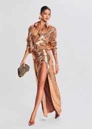 Party Dresses Golden Sequins Women Suit Skirt Set 2 Pieces Jacket Prom Dress Sexy V Neck Full Sleeves Shiny Coat Evening Gown In Stock