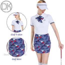 DK Girls Short-Sleeved Golf T-shirt Fast Dry Breathable Polo Shirt High Waist Printed Pencil Skirt Slim Skort Golf Clothing Sets