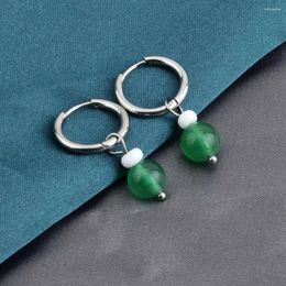 Hoop Earrings Green Jade Bead Pendant Stainless Steel For Women Elegant Earclip Gifts Men Jewelry