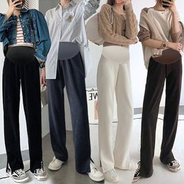 Side Split Maternity Straight Pants Spring Autumn High Waist Pregnant Women's Wide Legs Trousers Solid Colour Pregnancy Clothes