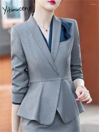Women's Suits Yitimuceng Grey Blazers For Women 2024 Fashion Office Ladies Turn Down Collar Slim Jacket Casual Long Sleeve Folds Coats