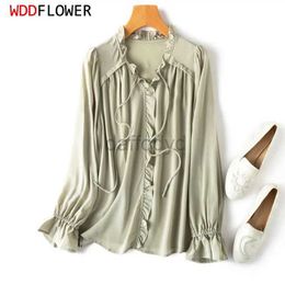 Women's Blouses Shirts Women Silk Blouse 100% Mulberry Silk Crepe Silk Grey Cyan Colour Ruffles V Neck Elastic Cuffs Long Sleeve Top Shirt MM692 240411