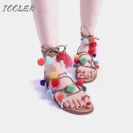 Sandals Cross-Strap Beach Women Coloured Ball Thong 2024 Summer Tassel Flats Sandalias Mujer Gladiator Shoes For