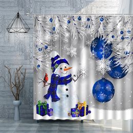 Christmas Shower Curtain Winter Window Snowman Snow Scene Fabric Bathroom Curtain Christmas Tree Xtmas Balls Gifts Bath Decor
