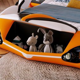 New Trendy Children's Bed For Boys Bedroom Furniture Car Shape Hidden Storage Leather Finish Full Size Twin Bed Bases & Frames