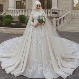 STEVDITG Pearls Crystal Wedding Fashion High Neck Long Sleeves Appliques Beading Chapel Train Ball Gown Bride Dress