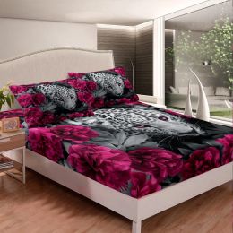 3D Cheetah Fitted Sheets Pink Rose Leopard Print Bed Sheet for Women Romantic Flowers Bedding Sets African Safari Animals Twin