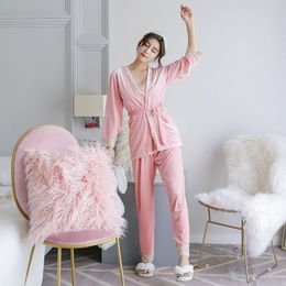 Women's Pyjamas Autumn Winter Sexy Lace Suspenders Luxury Noble Ladies Loungewear Korean Gold Velvet Three-piece Set