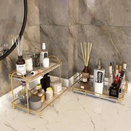 Nordic Art Style Double Layer Countertop Rack Cosmetic Organizer Lipstick Perfume Storage Rack Bathroom Wall-mounted Rack Iron