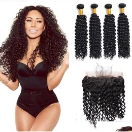 Wefts de cabelo humano com encerramento Frontal de renda brasileira 13x4 Deep Wave Fle Curly Fle Blacked Kronst Drop Drop Products Extensions OT2P4