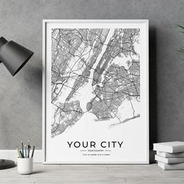 Personalised Custom Modern Black White City Map Gift Wall Art Canvas Poster Prints Paintings Picture For Living Room Home Decor
