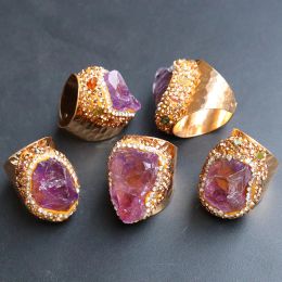 Micro Inlay Amethyst Open Rings for Women Irregular Boho Natural Crystal Stone Finger Ring Wedding Jewellery