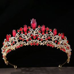 Baroque Vintage Gold Color Red Crystal Bridal Tiaras Crowns Rhinestone Diadem Women Headpieces Wedding Hair Accessories Jewelry