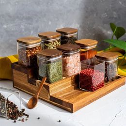 4Pcs Acacia Wood Cover Seasoning Jar Square Transparent Glass Bottles Kitchen Storage Salt Spice Restaurant Sealing Cans 240411