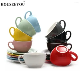 Cups Saucers 200ml Macaron Wide Mouth Cappuccino Coffee Cup With Saucer European Thick Coloured Glaze Ceramic Espresso Sets