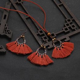 Rose Red Vintage Fringed Drop Tassel Earring Necklace Women Ethnic Water Drop Pendant Necklaces Bohemian Jewelry Accessories