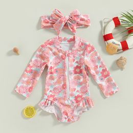 FOCUSNORM 0-3Y Kids Girls Swimsuit Romper 2PCS Flamingo/Flower Print Zipper Long Sleeve Bathing Suit with Headwear