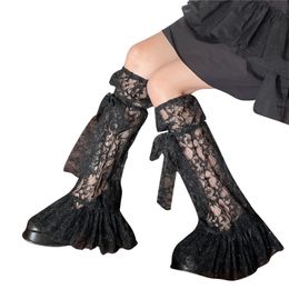 L5YA Japanese Style Long Leg Socks for Women Star Leg Warmers Lace Trim Boot Stocking