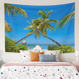 Tapestries Refreshing Summer Seaside Palm Tree Tapestry Wall Hanging Hippie Boho Beach Mat Towel Bedroom Room Aesthetics Home Decor R0411