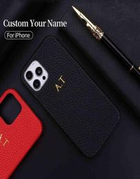 Personalization Custom Initial Name Pebble Grain Leather Phone Cover For iPhone 12 11 13 Pro X XR XS Max 78 Plus DIY Phone Case H12750562