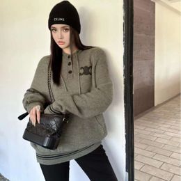 Women's Sweaters C23 Autumn/winter Style Triumphal Arch Leather Logo Decorative Stripe Blocked Loose Versatile Hooded Knitted Sweater