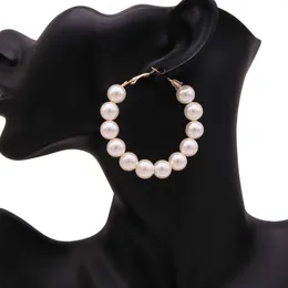 Hoop Earrings Korean Fashion Glass Imitation Pearl For Women Gold Color Round White Big Jewelry