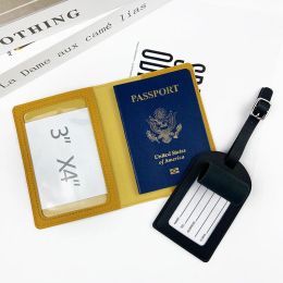 Solid Color PU Leather Luggage Tag Passport Holder Set Passport Protective Cover Protector Travel Portable ID Credit Card Holder