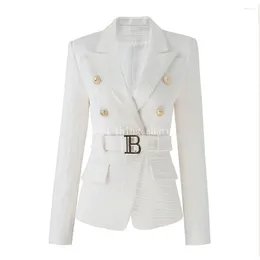 Stage Wear Femmale White Texture Coat Designs Women Blazer With Belt Chic Quality