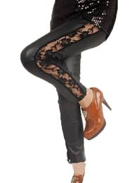 Night Club Wear Faux Leather Leggins Hot Lace Sexy Leggings Women Side Hollow Out Flower Black White Red Casual Pants