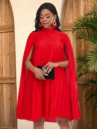 Casual Dresses Red Pleated Loose For Women Cloak Sleeve Stand Collar High Street Party Classy Elegant Lady Oversized Prom Gowns 2024