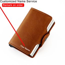 2023 Customised Name RFID Blocking Men Credit Card Holder Leather Bank Cards Wallet Double Metal Automatic Card Holder for Woman