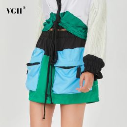 skirt VGH Colorblock Mini Skirts For Women High Waist Patchwork More Than Pocket Casual Loose Skirt Female Summer 2023 Fashion Style