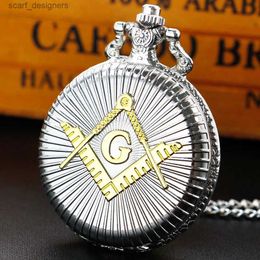 Pocket Watches Fashion Silver Engraved Pocket Golden Freemasonry Masonic Quartz Fob Pendant Clock for Men es Gifts Y240410