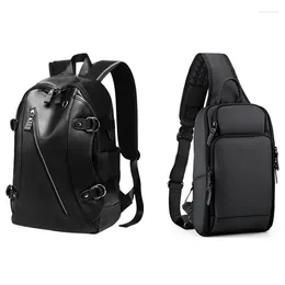 School Bags 2 Pcs Bag: 1 PU Leather Earphone Hole Travel Waterproof Laptop Backpack & USB Port Shoulder Messenger Bag