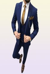 black Three Piece Tuxedos Royal Blue Men Suits Peaked Lapel Custom Made Wedding Slim Fit Male Suits Jacket Pants Vest Tie7828193