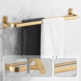 Brushed Gold Towel Bars Rack Double Rod Holder Aluminium Shower Wall Organiser Hanger Storage Shelf Bathroom Hardware Accessories