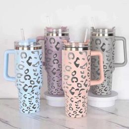 Mugs 40oz Leopard Print Stainless Steel Tumbler With Handle Lid Laser Engraved Cheetah Handdle Mug Cup Beer Cold