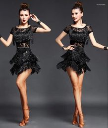 Stage Wear Girls Modern Ballroom Latin Dance Dress Tassel Fringe Salsa Tango Black Performance