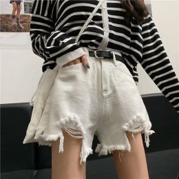 Pants 2022 Summer New Style Thin Loose Hole High Waist Denim Shorts Female Black Widelegged Allmatch Outer Wear Pants Trend