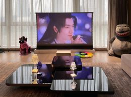 Hot selling TOP 100 inch Luxury ALR Motorized Floor Rising Projector Screen for 4K Ultra Short Throw Laser Projector