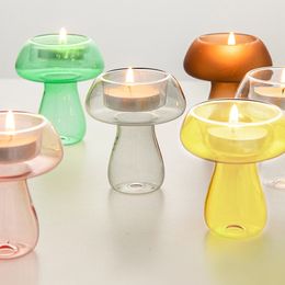 Colourful Transparent Mushroom Glass Candlestick Creative Candle Holder Wedding Party Home Table Decor Nordic Decktop Ornament