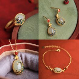 Natural Hotan Jade jewelry sets Ancient Gold Craft Enamel flower Exquisite Light luxury bracelets earrings for women Necklace