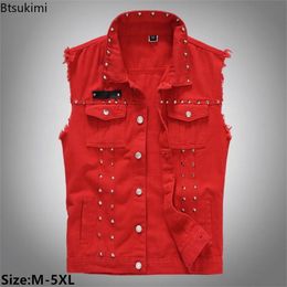 Plus Size 5XL Mens Cotton Vest Punk Rock Rivet Slim Handsome Waistcoat Fashion Streetwear Men Motorcycle Sleeveless Jackets 240408