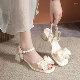 Dress Shoes 2024 Summer Luxury Open Toe Women's Bow Pearl Chunk Heels Casual Comfortable Party Sandals Zapatos De Mujer