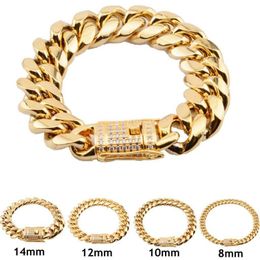 8mm 10mm 12mm 14mm 16mm 18mm Mens 18K Gold Plated Stainless Steel Bracelets High Polished Miami Cuban Link Punk Curb CZ Bracelet299H